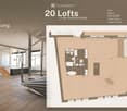 Floor plan of a loft space with a kitchen, bathroom, and living area. The layout includes a staircase leading to an upper level and a loggia.