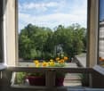 Open window view of a balcony with potted plants and flowers, overlooking a green park and buildings.