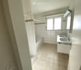 Bathroom with shower enclosure, bathtub, double sink, mirror, and power outlet.