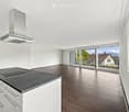 Modern kitchen with white cabinets, dark granite countertop, induction cooktop, and stainless steel range hood. Large windows and sliding glass doors lead to a balcony with a scenic view.