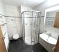 Modern bathroom with white tiles, a corner shower, toilet, sink, and a large mirror. Features a radiator and a towel rack.