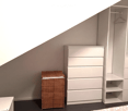 Bedroom with a bed, white wardrobe, drawer unit, and a wicker basket. The room has a slanted ceiling and neutral-colored walls.