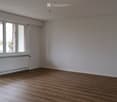 Empty room with wooden flooring, white walls, large windows, and a radiator below the windows.