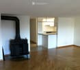 Empty room with wooden flooring, white walls, and a black wood-burning stove with a chimney. A small kitchen area is visible in the background.
