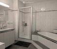 Modern bathroom with white tiles, a glass-enclosed shower, a bathtub, a sink with a mirror, and built-in cabinets.