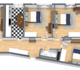 2 bedrooms, kitchen, dining room, living room, 2 bathrooms, washing machine, dishwasher, bathroom with tub, view