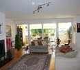 Bright living room with large sliding glass doors leading to a patio, fireplace, two sofas, coffee table, bookshelf, and decorative plants.