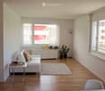 Bright, modern living room with white walls, wooden flooring, large windows, a white sofa with cushions, a coffee table, a bookshelf, and potted plants.