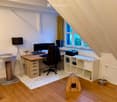 Attic room with wooden flooring, large window, desk with laptop, chair, cat tree, cat bed, cat house, and cat water bowl.