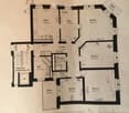 Floor plan showing a 5-room apartment with a kitchen, living room, dining area, three bedrooms, bathroom, and balcony.