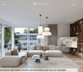 Modern living room with large windows, a sectional sofa, coffee table, side tables, bookshelf, floor lamp, and television.