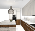 Contemporary kitchen with white cabinets, marble countertops, built-in appliances including oven, microwave, refrigerator, and dishwasher, along with a coffee maker and fruit basket on the counter.