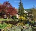 Well-maintained garden with a pond, various trees, shrubs, and flowers, surrounded by a house and additional structures.