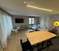 Modern living room with a sofa, coffee table, dining table, chairs, TV, floor lamp, and decorative items.