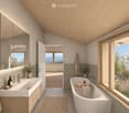 Modern bathroom with a large window offering a scenic view, featuring a double sink, bathtub, and wooden vanity.