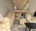 Open-plan living space with a staircase leading to an upper level, a modern kitchen island, pendant lights, and a dining area with a black table and chairs.