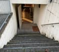 A narrow, raised entranceway leading to a room with a checkered floor, visible through an open door. The entrance is flanked by white walls and a metal railing on one side.