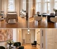Three distinct rooms: a bedroom with a bed, a workspace with a desk and chairs, and a lounge area with green armchairs and a coffee table.