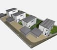 3D rendering of a modern residential complex with multiple buildings, flat roofs, and surrounding greenery.