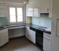 Modern kitchen with white cabinets, stainless steel appliances, and a sleek countertop.