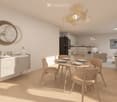 Modern open-plan living and dining area with light wood flooring, a round dining table with four chairs, a sleek cabinet, a sofa, and a kitchen area with a refrigerator and island.
