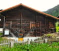 old wooden house, multiple doors and windows, wooden fences, surrounded by green field and trees