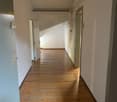 Empty wooden floor hallway with doors and light on the ceiling