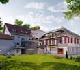 three story house, two brown roofs, grey siding, windows, balconies