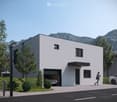 white modern house, 2 cars in the garage, road with 2 cars, mountains in the background