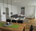 open plan layout, white walls, wooden floor, grey sofa, round dining table, black chairs, silver lamps