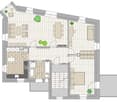 Living room, dining area, kitchen, 2 bedrooms, bathroom, raised ground floor, outdoor seating