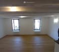 large empty room, wooden floor, white walls, windows with balconies, white radiators