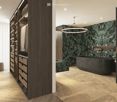 Closet with shelves and drawers, modern design, with illuminated lighting, bathroom with bathtub, sink, and green marble wall