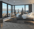spacious bedroom with large windows, floor-to-ceiling glass walls, elegant bed, bedside tables, decorative cushions, large area rug, armchairs
