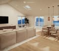 large sofa, wooden floor, large windows, dining table, TV, wooden table, wooden chairs, wooden cabinet, pendant lights