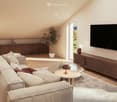 modern living room with beige sofa, wooden floor, glass coffee table, TV, wooden cabinet, floor lamp, armchair, potted plant, carpet
