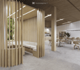 modern interior with wooden walls, white ceiling, white floor, white couch, dining tables, chairs, plants