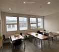 Bright, modern room with multiple tables and chairs arranged for meetings, large windows, and a potted plant near the wall.