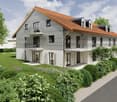 2 story house, red roof, white walls, balconies, windows, garden
