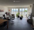 Modern living room with large windows, grey sofa, armchair, coffee table, floor lamp, and cat furniture.