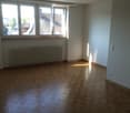 Empty room with wooden parquet flooring, white walls, large windows, radiator, and a single light fixture.