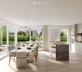 Dining room with large windows, modern furniture, marble countertop, large dining table, and a view of the garden