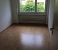 Empty room with wooden flooring, white walls, large window with view of greenery, radiator below window, and door on right side.