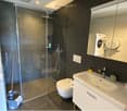 Modern bathroom with dark tiled walls, a glass-enclosed shower, a white sink with a mirror cabinet, a toilet, and stacked washing machine and dryer units.
