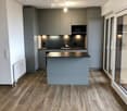Modern kitchen with grey cabinetry, a central island, and wooden flooring. Features include a sink with a modern faucet and built-in lighting.