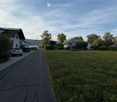 Residential street with houses, parked cars, and a grassy area with wildflowers on the right side.