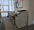 Office space with a large printer, table, keyboard, screen, chair, and plant near large windows.