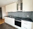 Modern kitchen with white cabinets, black countertops, stainless steel sink, and built-in oven. Features mosaic tile backsplash and wooden flooring.