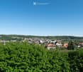 A panoramic view of a town with houses, trees, and a distant hill under a clear blue sky.