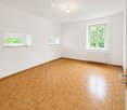 Empty room with wooden herringbone flooring, white walls, and large windows with green views. Features include a built-in shelf and radiator.
